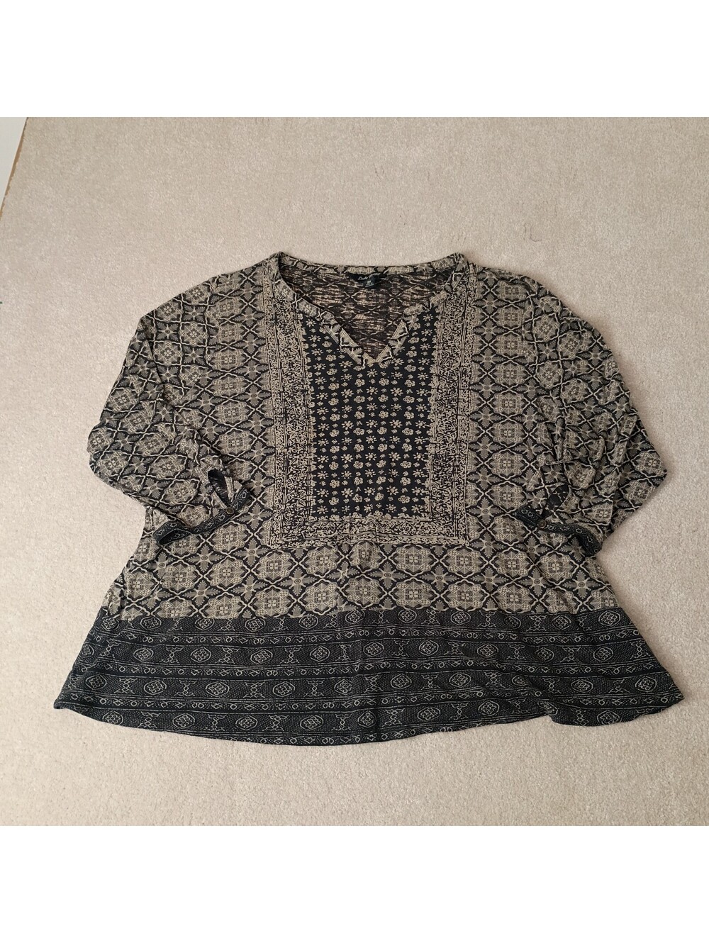 Lucky Brand Womens Black White V Neck Aztec Tunic Stretch Long Sleeve Tunic 3X